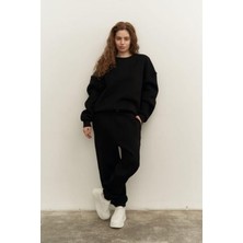 CMZ Collection Kadın Jogger Siyah Eşofman Takımı 3 Iplik Kalın Bisiklet Yaka