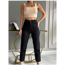 ByCukurovaFrango Leo Siyah Mom Jean Kadın Boyfriend Yüksek Bel Likralı Kot Pantolon