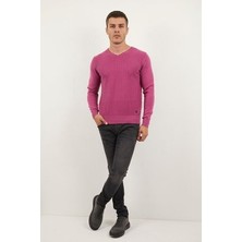 Voltaj Desenli V Yaka Pamuklu Erkek Triko Kazak Pembe