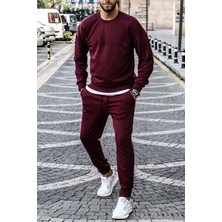 Yakamel Bordo 3 Iplik Bisiket Yaka Şardonlu Alt Üst Erkek Eşofman Takımı