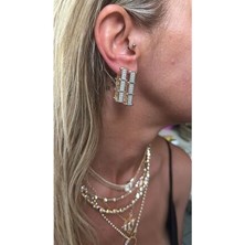 Brillo Serenay Vip Özel Tasarım Altın Kaplama Dikdörtgen Kenarları Fuşya Taş Detaylı Küpe