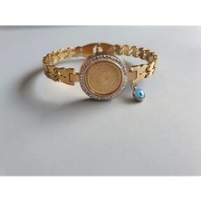 Melff Çelik Kelepçe Bileklik - Çeyrekli Gold Çelik Bileklik - Arpa Bilezik Kelepçe -316L