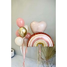 Retro Gökkuşağı Boho Bohem Pembe Balon Seti Kalpli Gold Balon Set