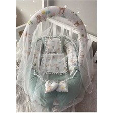 Nest Wafle Yeşil Pike Poplin Ponponlu Jaju-Babynest ve Yorgan Oyuncak Aparat ve Tül Set
