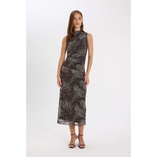DeFacto Bodycon Vücuda Oturan Bisiklet Yaka Leopar Desenli Tül Kolsuz Maxi Elbise D5061AX24AU