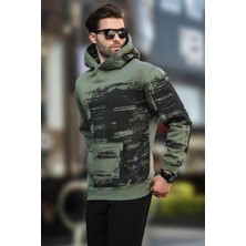 Madmext Haki Kapüşonlu Desenli Cep Detaylı Erkek Sweatshirt 7059