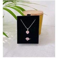 Rm Bijuteri Zirkon Taşlı Kalp Çelik Yüzük Kolye Seti