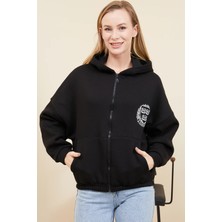Go Veform Kadın Yarasa Kol Fermuarlı Cepli Kapüşonlu Sweatshirt Siyah ZN5119