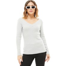 Go Veform Kadın V Yaka Uzun Kollu Bluz Açık Gri ZN5116