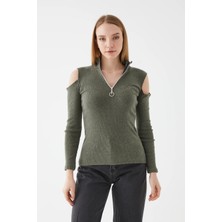 Go Veform Kadın Fermuarlı Omuz Detaylı Uzun Kollu Bluz  Haki ZN5077