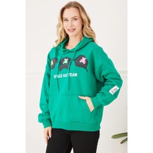 Go Veform Kadın Şapka Baskılı Kapüşonlu Kanguru Cepli Sweatshirt Yeşil ZN5092