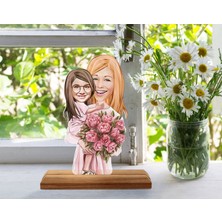 Bk Gift Kişiye Özel Anne Kız Karikatürlü Ahşap Standlı Pleksi Biblo