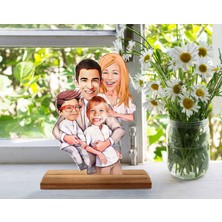 Bk Gift Kişiye Özel Aile Karikatürlü Ahşap Standlı Pleksi Biblo