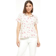 Go Veform Kadın Zarif Çiçek Desenli Keten Gömlek Pembe ZN5072