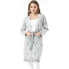 Go Veform Kadın Püsküllü Etnik Desenli Belden Bağlamalı Triko Hırka  Gri ZN5108