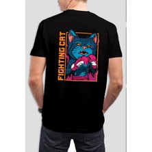 Fighting Cat Baskılı Siyah Tişört C928