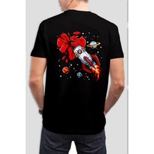 Uzay Roketi Baskılı Siyah Tişört C864