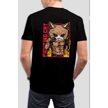 Fighting Cat Baskılı Siyah Tişört C927