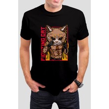 Fighting Cat Baskılı Siyah Tişört C926