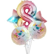 Unicorns Unicorn Tema Balon Seti 102 cm Gökkuşağı Rakam Balon Yıldız ve Yuvarlak Folyo Balon