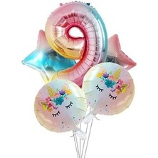 Unicorns Unicorn Tema Balon Seti 102 cm Gökkuşağı Rakam Balon Yıldız ve Yuvarlak Folyo Balon