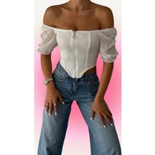 Boom Bester Kolu Şifonlu Fermuarlı Kısa Kol Kadın Crop Bluz Ottoman Kumaş