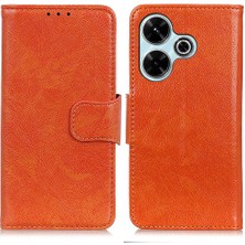 4U Sky Xiaomi Redmi Için 13 5g/13 4g Kılıf Nappa Doku Bölünmüş Deri Telefon Kapağı Cüzdan Kitap Çevirme Standı-Turuncu (Yurt Dışından)