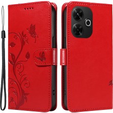 4U Sky Xiaomi Redmi 13 5g/13 4g Kılıf Pu Deri Cüzdan Koruyucu Kapak Çiçek Baskılı-Kırmızı (Yurt Dışından)