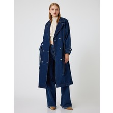 Koton Denim Trençkot Uzun Kruvaze Yaka Apoletli Kemer Detaylı Cepli