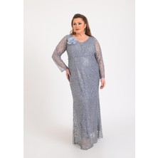 Lilas Xxl Büyük Beden Glitter Baskı Gri Renkli Uzun Kollu Uzun Abiye Elbise