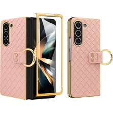 Seashell Digital Samsung Galaxy Z Fold5 5g Kılıf Dokuma Doku Deri+Arka Ekran Filmli Pc Telefon Kılıfı-Pembe (Yurt Dışından)