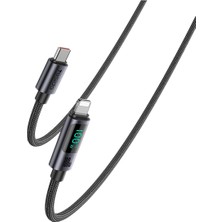 Yesido CA157 1.2m 27W Dijital Göstergeli Hasırlı Type-C To Lightning Pd Hızlı Şarj Kablosu - Siyah