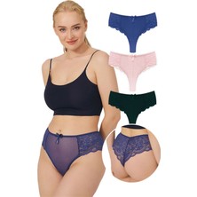 Cottonhill Dantelli Tül Detaylı Büyük Beden Brezilya 3'lü Paket Külot - 4