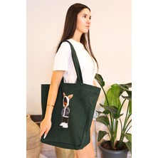 İcone Bag Bez Kadın Çantası, Geniş Hacimli, Yeşil Tavşan Baskılı El ve Omuz Bez Çanta