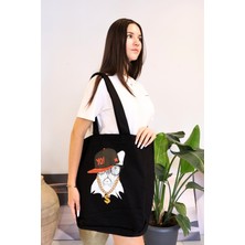 İcone Bag Bez Kadın Çantası, Geniş Hacimli, Siyah Köpek Baskılı El ve Omuz Bez Çanta