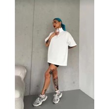 Kinoedze Unisex Yarım Fermuarlı Düz Oversize T-Shirt - Beyaz