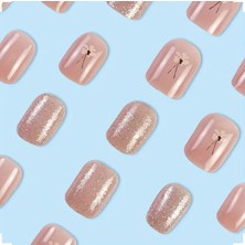 Trend Vitrin Jel Tırnak Görünümlü Çiçek Desenli Nail Art Oval Badem Kadın Takma Tırnak Protez Tırnak Set Yapıştırıcı ve 1 Adet Törpü Hediyeli