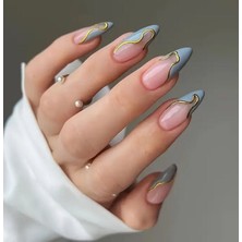 Trend Vitrin Mavi Dalga Okyanus Desenli Nail Art Oval Badem Kadın Takma Tırnak Protez Tırnak Set Yapıştırıcı ve 1 Adet Törpü Hediyeli