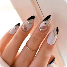 Trend Vitrin Oval Siyah Beyaz Altın Desenli Nail Art Oval Badem Kadın Takma Tırnak Protez Tırnak Set Yapıştırıcı ve 1 Adet Törpü Hediyeli