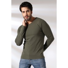 Endies Compact Penye Likralı Slim Fit Uzun Kol Bisiklet Yaka T-Shirt 19649 Haki