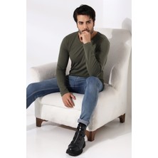 Endies Compact Penye Likralı Slim Fit Uzun Kol Bisiklet Yaka T-Shirt 19649 Haki