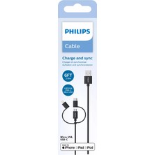 Philips Mfı Apple Lisanslı Iphone 15 3in1 Micro Usb-Lightining-Type-C Hızlı Şarj ve Data Kablosu 2m Siyah DLC3106T