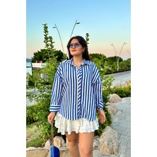 İpli Saks Renk Yaka Taş Detaylı Gofre Dokulu Çizgili Gömlek