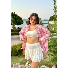 İpli Pembe Renk Yaka Taş Detaylı Gofre Dokulu Çizgili Gömlek