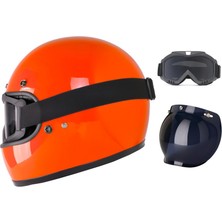 Motoanl Motosiklet Retro Kask Harley Cafe Racer Vespa Modüler ve Anti Uv Gözlüklü Motor Kaskı Orange