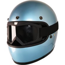 Motoanl Motosiklet Retro Kask Harley Cafe Racer Vespa Modüler ve Anti Uv Gözlüklü Motor Kaskı Blue