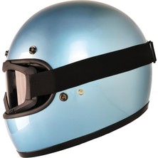 Motoanl Motosiklet Retro Kask Harley Cafe Racer Vespa Modüler ve Anti Uv Gözlüklü Motor Kaskı Blue