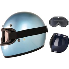 Motoanl Motosiklet Retro Kask Harley Cafe Racer Vespa Modüler ve Anti Uv Gözlüklü Motor Kaskı Blue