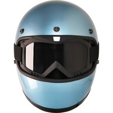 Motoanl Motosiklet Retro Kask Harley Cafe Racer Vespa Modüler ve Anti Uv Gözlüklü Motor Kaskı Blue