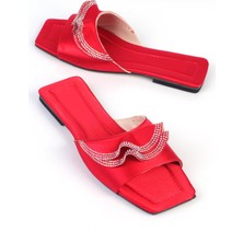 Shoetek Kathleen Kadın Terlik Taşlı Kırmızı Saten